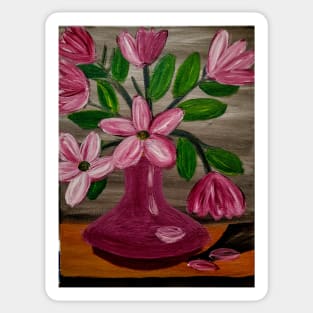 Some lovely pink abstract flowers in a purple vase Sticker